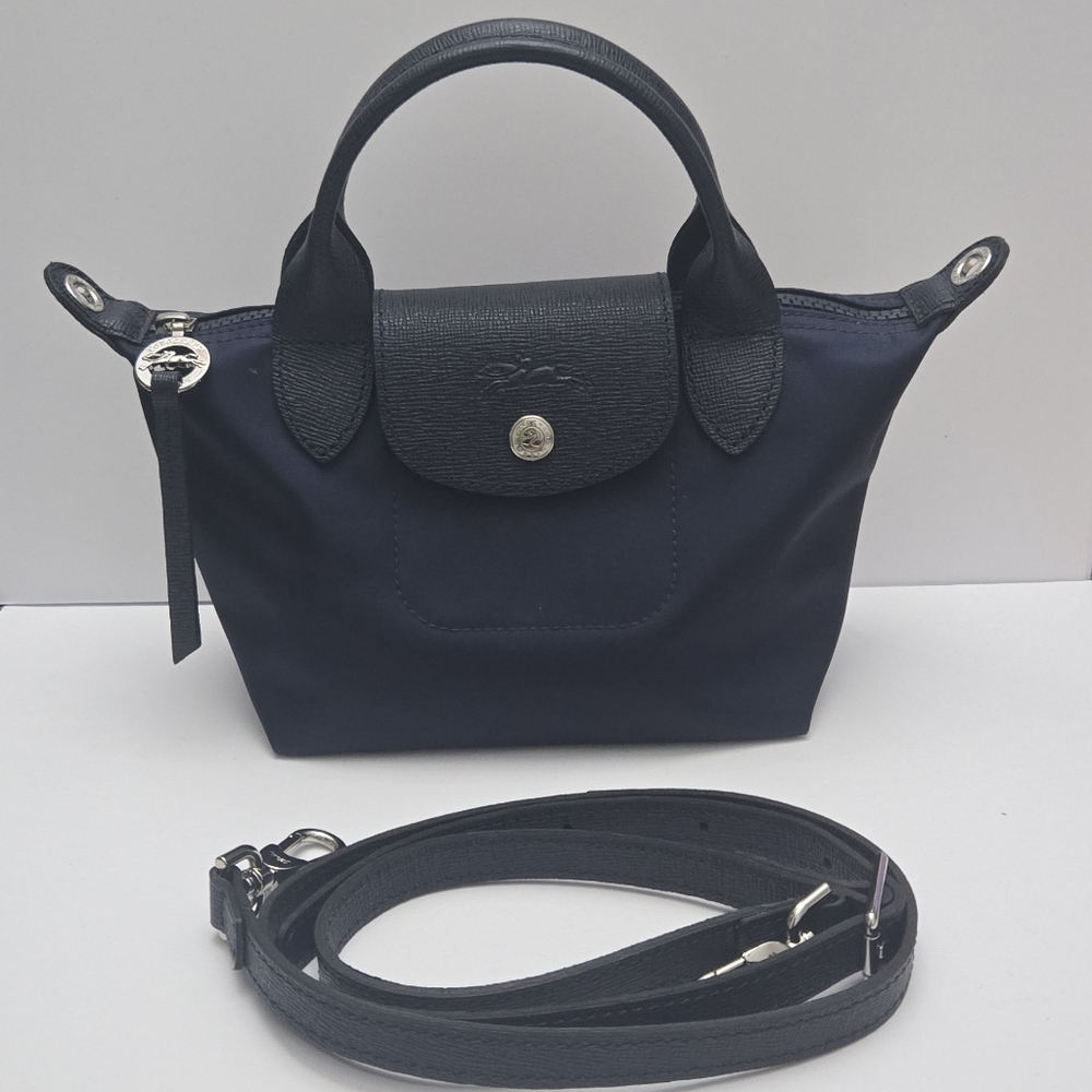 Longchamp Le Pliage XS mini tote Navy Blue Silver Handware Crossbody Top Handle